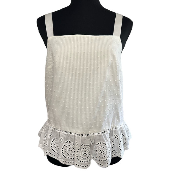 J. Crew White Swiss Dot Eyelet Square Neck Ruffe Hem Casual Tank Top, Size 4 - Picture 1 of 6